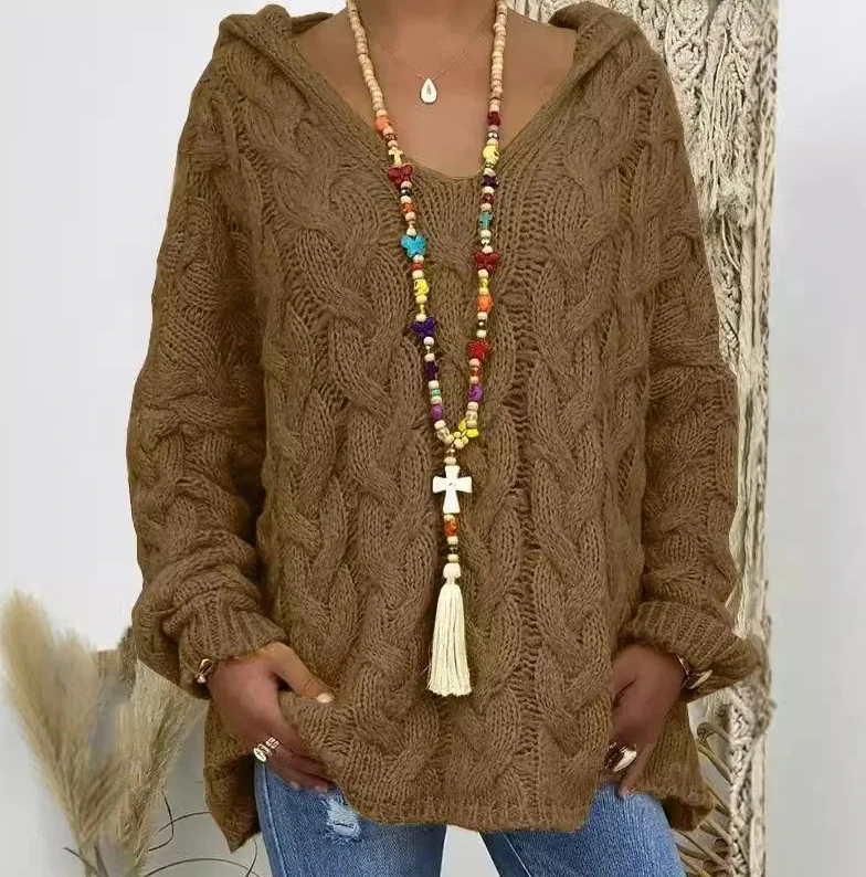 

Women's Cable Knit Sweater, Pure Color Cotton Wool Blend Pullover, Autumn Winter New Style Casual Warm Top