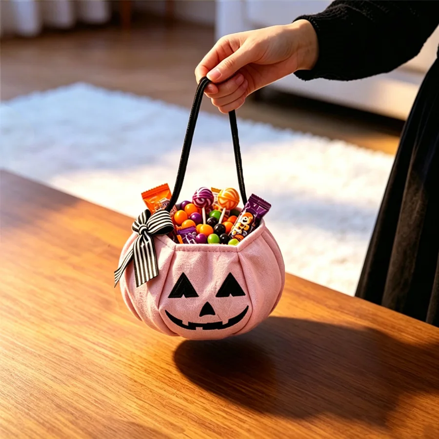 Colorful Halloween Pumpkin Candy Bag Fabric Trick or Treat Bucket Reusable Handheld Storage Pouch Kids Party Cosplay Decor Gift