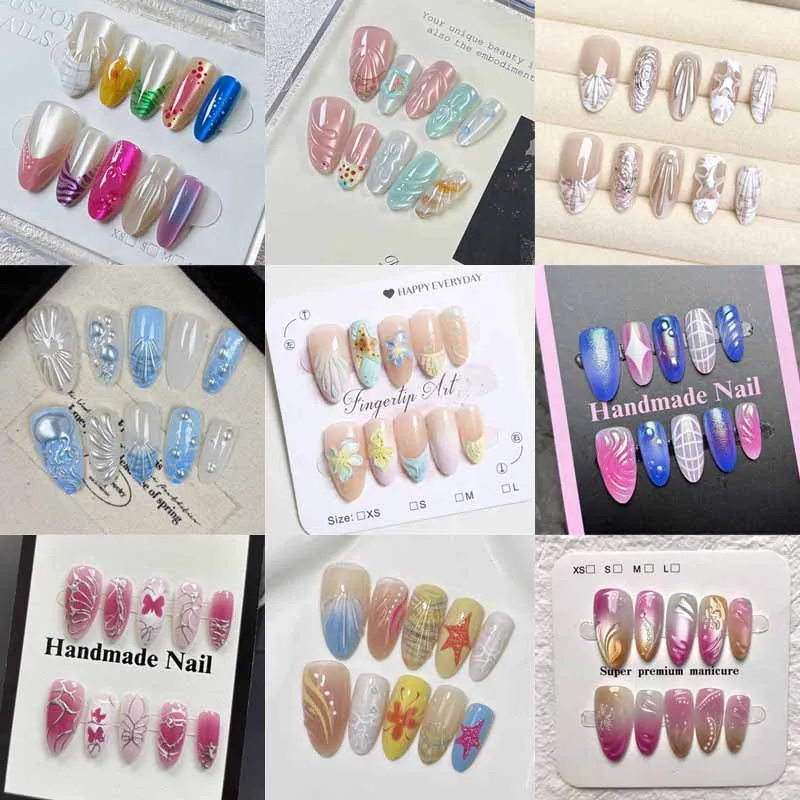 10pcs Women Girls Fashion Dopamine Relief Shell Beach Vacation Handmade Press on Nails Flowing Rainbow Almond Nails False Nails