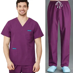 Men Scrub Set Cotton Nursing Scrubs Short Sleeve Medical Uniforms V Neck Scrub Shirt Veterinary Workwear Scrub Trousers Hospital