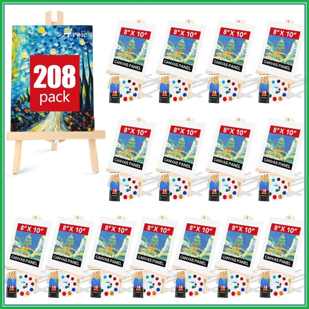

208 Pack Easel and Canvas Set with 16 Wood Easels, 160 Brushes, 16 Canvas Boards, 16 Palettes, Painting Supplies for Kids Adults