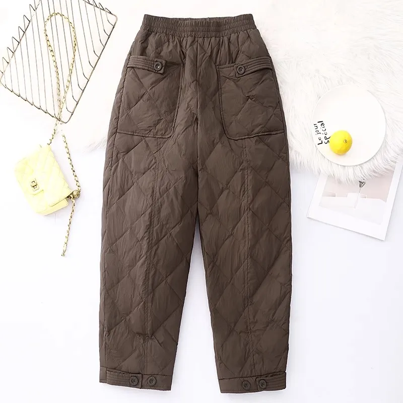 Women Fashion Cotton-padded Carrot Pants 2024 New Winter Vintage Plaid Office Lady Thick Warm Harem Pants Outerwear Trousers