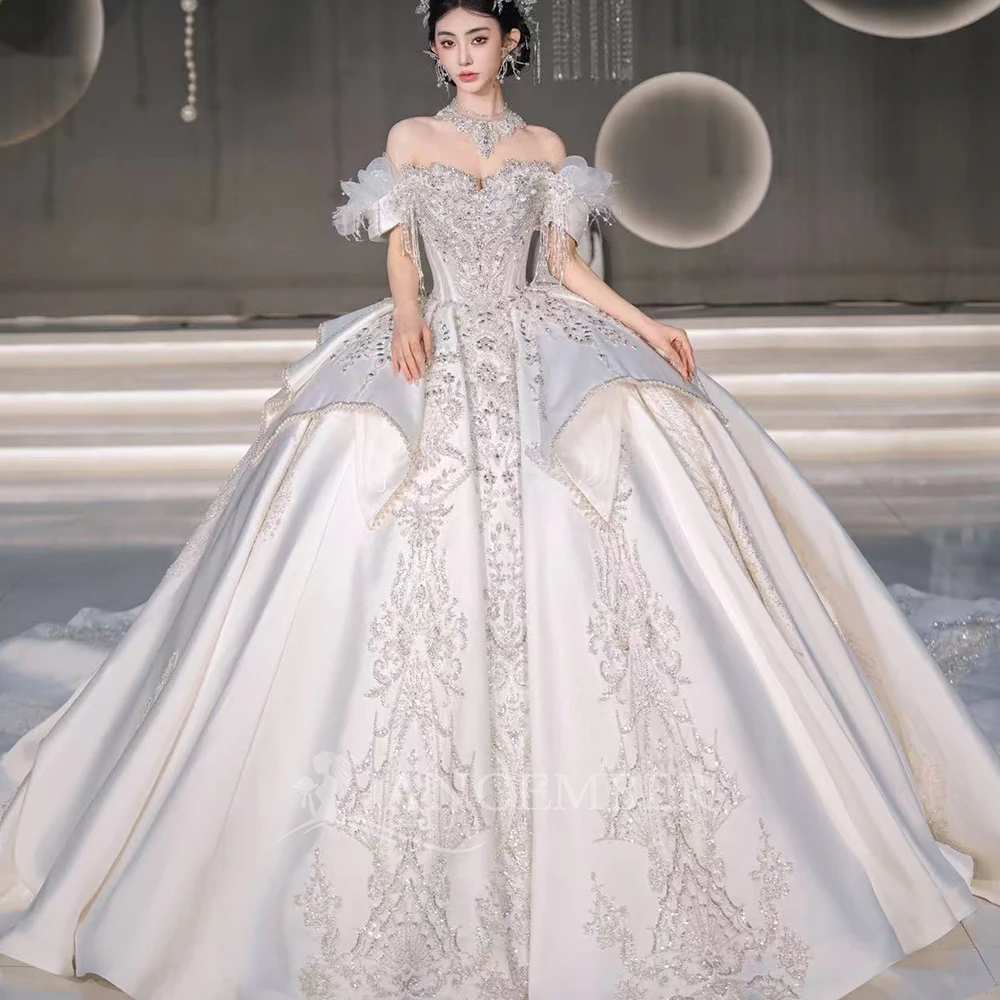 Sweetheart Short Sleeves Wedding Dress Customized Lace Beaded Ball Dress Ball Gown Shining Beaded Bride Dress свадебное