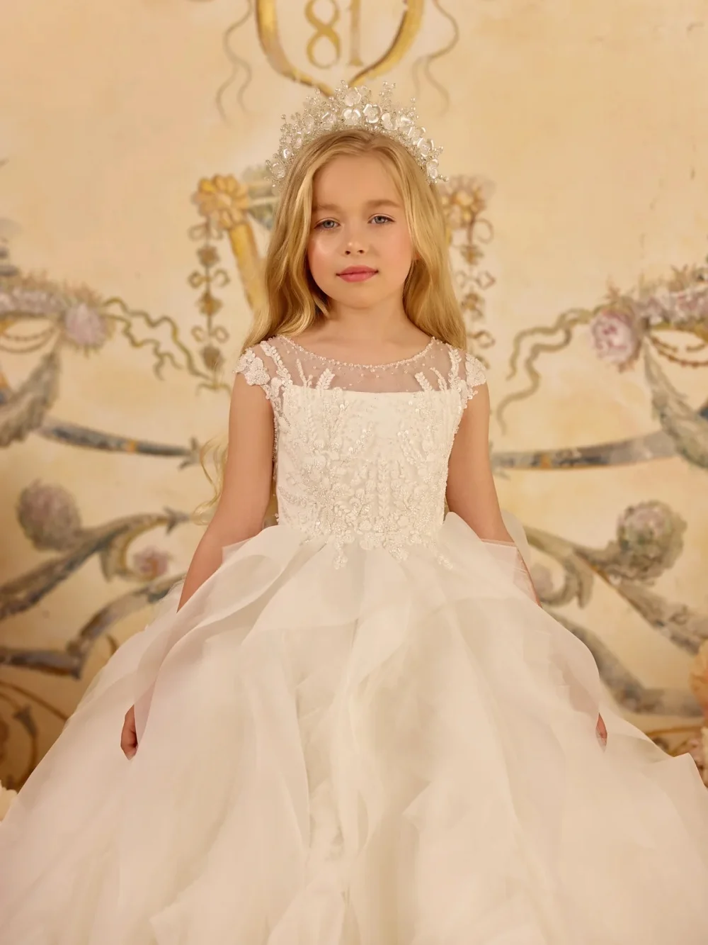 Ruffled Tulle Beaded Appliques Princess Gown For Kids Birthday Party Exquisite Oneck Sleeveless Girls Dresses For Wedding