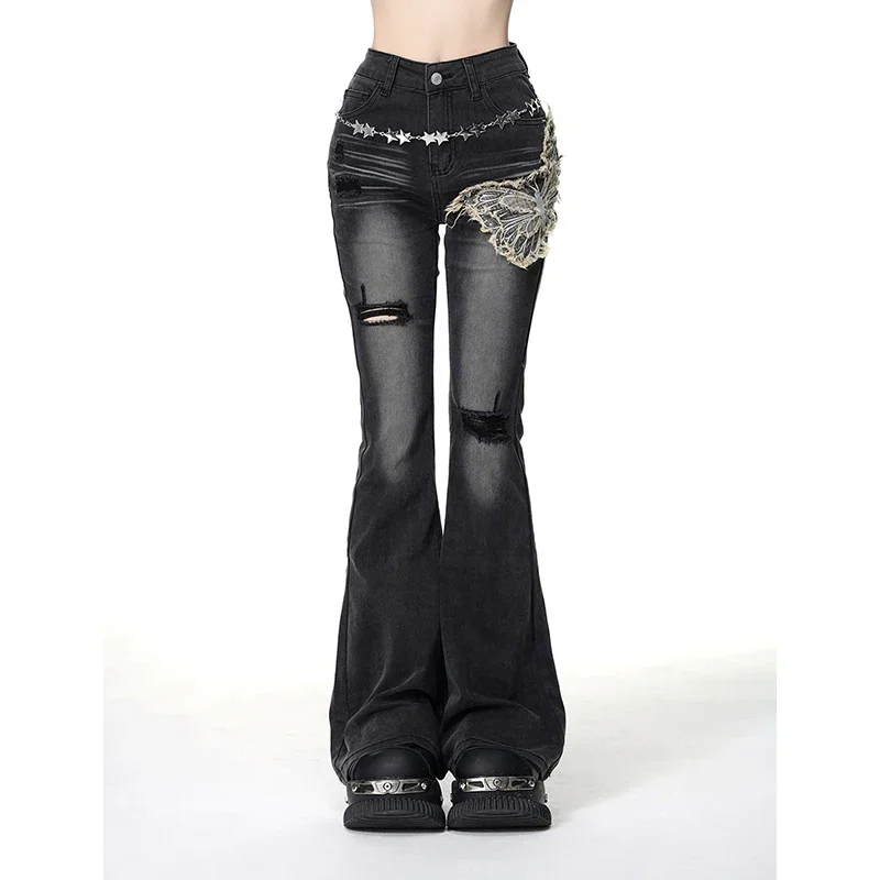

Women Black Gothic Y2k Butterfly Ripped Flare Jeans High Waist 2000s 90s Vintage Denim Pants Streetwear Slim Fit Trousers