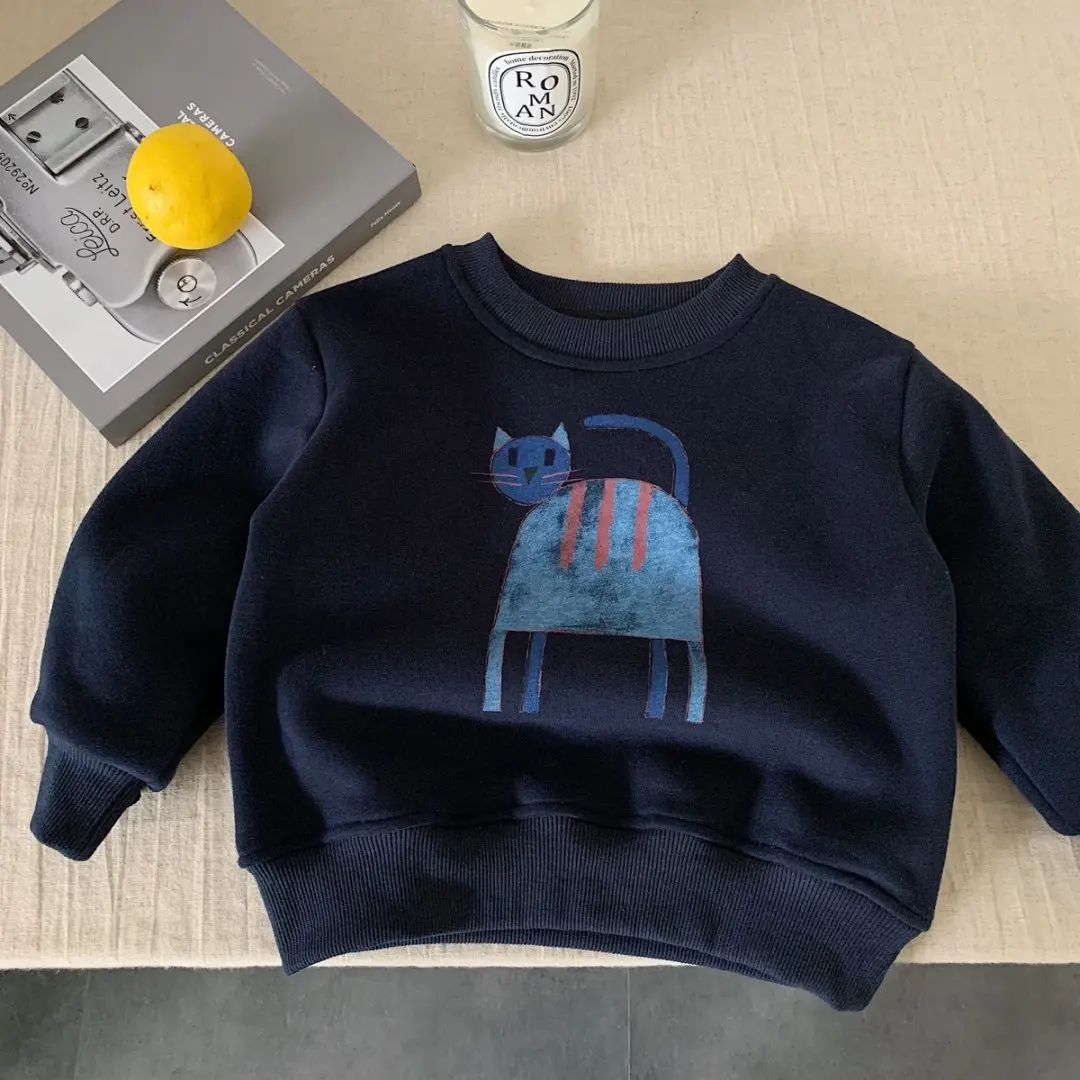 سويت شيرت قطني للأطفال للجنسين مطبوع عليه قطة كرتونية من الصوف برقبة دائرية وأكمام طويلة بلوزة جديدة لخريف وشتاء للأطفال من سن 2 إلى 8 سنوات #1