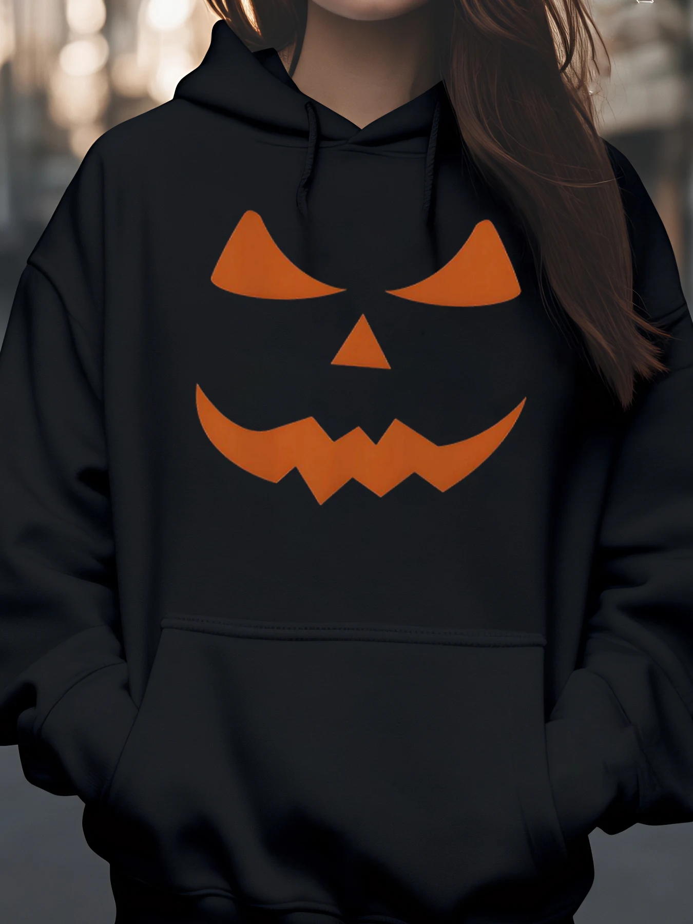 Sudadera con capucha de Halloween con estampado de cara de calabaza Ropa casual para mujer