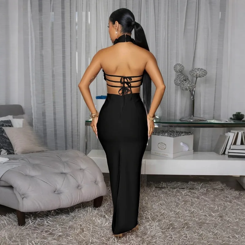 KEXU femmes sans manches élégant col en v découpe 3D fleur longue robe Maxi 2025 été Sexy robes de soirée robes