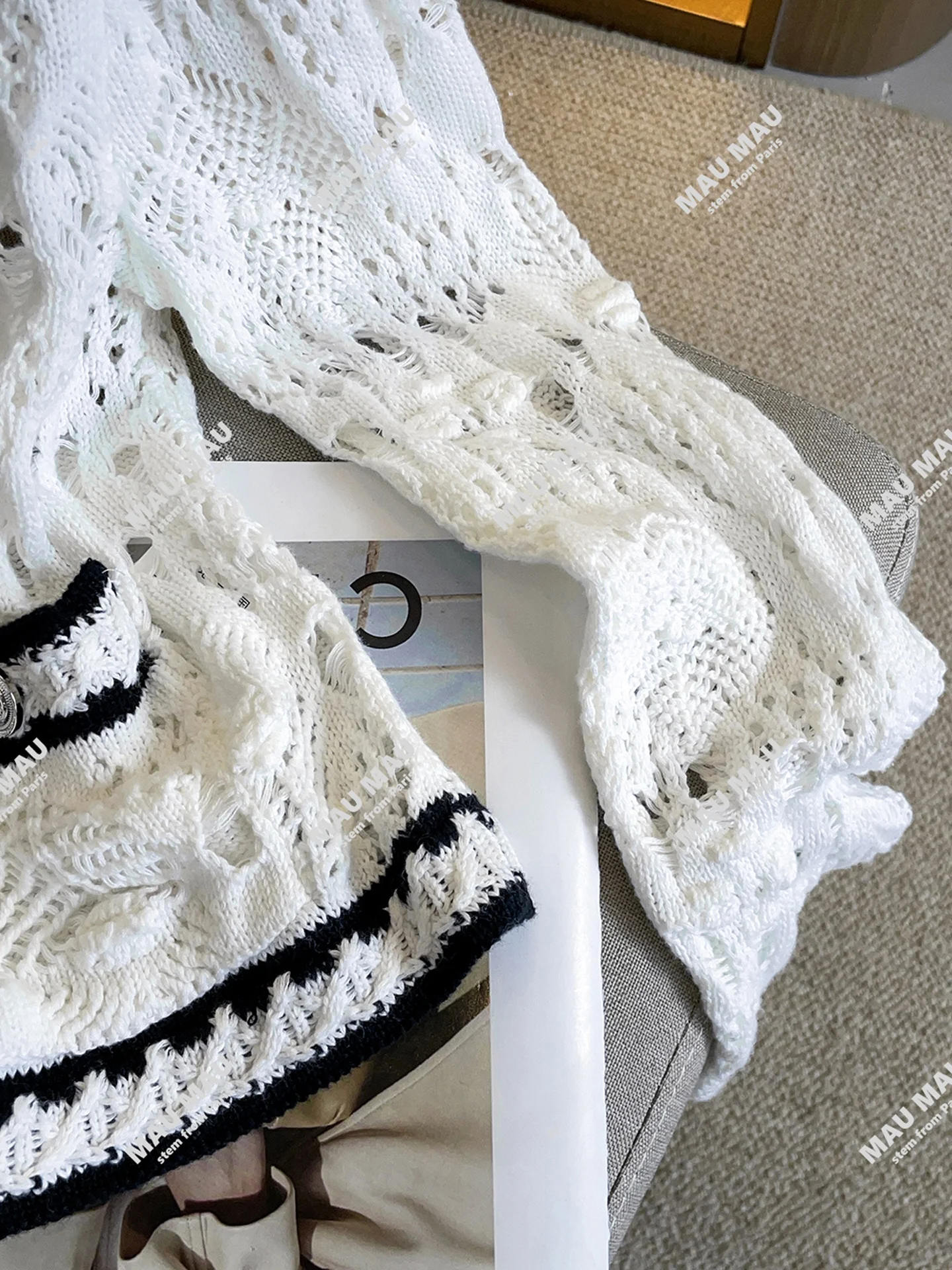 Cardigã F E de Tricô Aberto com Design Floral Vazado Suave, Manga Longa, Gola Redonda, Cor Sólida, Roupa Casual