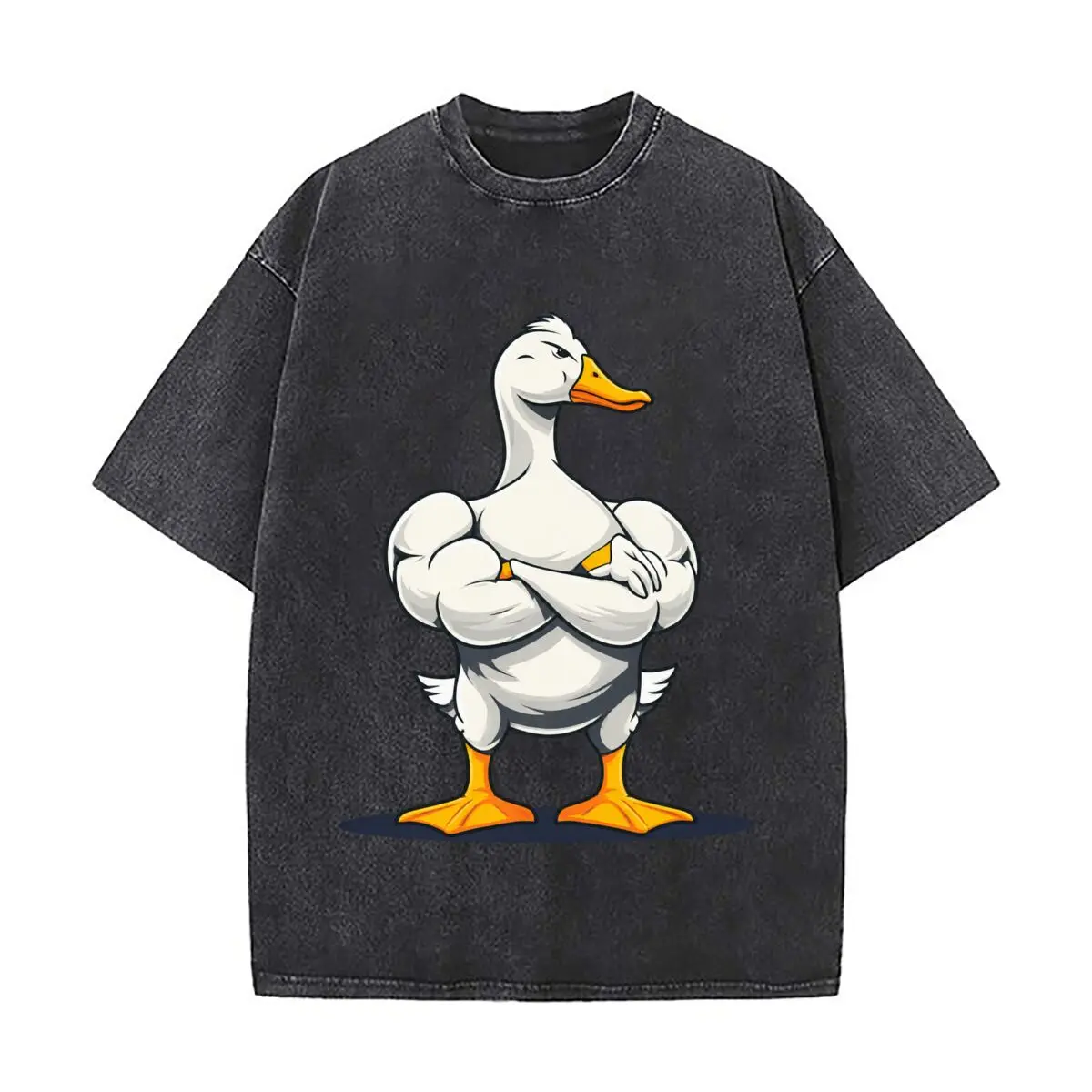 Muscular Duck Fitness Gym Cartoon Funny Strong Pose Vintage Distressed Loose Streetwear Tops for Campus Days