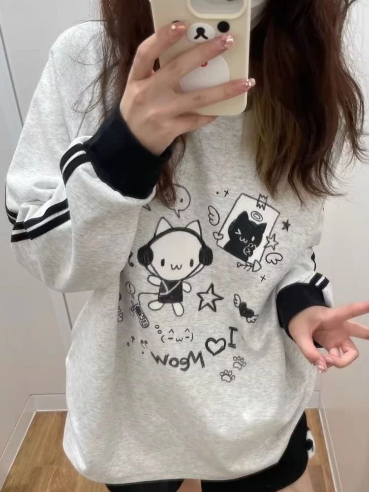 Y2K Harajuku Kawaii Anime Subculture Graphic Cartoon T Shirt Women Contrast Stripe Long Sleeve Loose Fit Casual Daily Wear Top