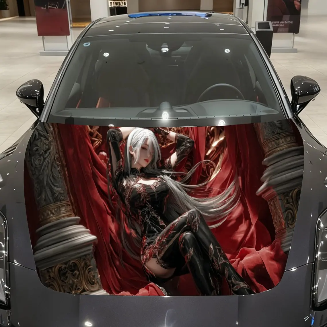 

Gothic Red Curtain Silver-Haired Phantom Car Vinyl Wrap, PVC Material Waterproof Car Hood Sticker, Self-Adhesive Scratch-Resista