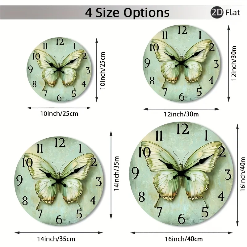 1pc 2D Flat Wall Clock Non-Ticking Wooden, Circular Clock Abstract Green Butterfly Art Design for Kitchen, Bedroom, Living Room, Stairwell, Laundry Room 25.4cm 30.48cm 35.56cm 40.64cm (No Battery), 2D Flat