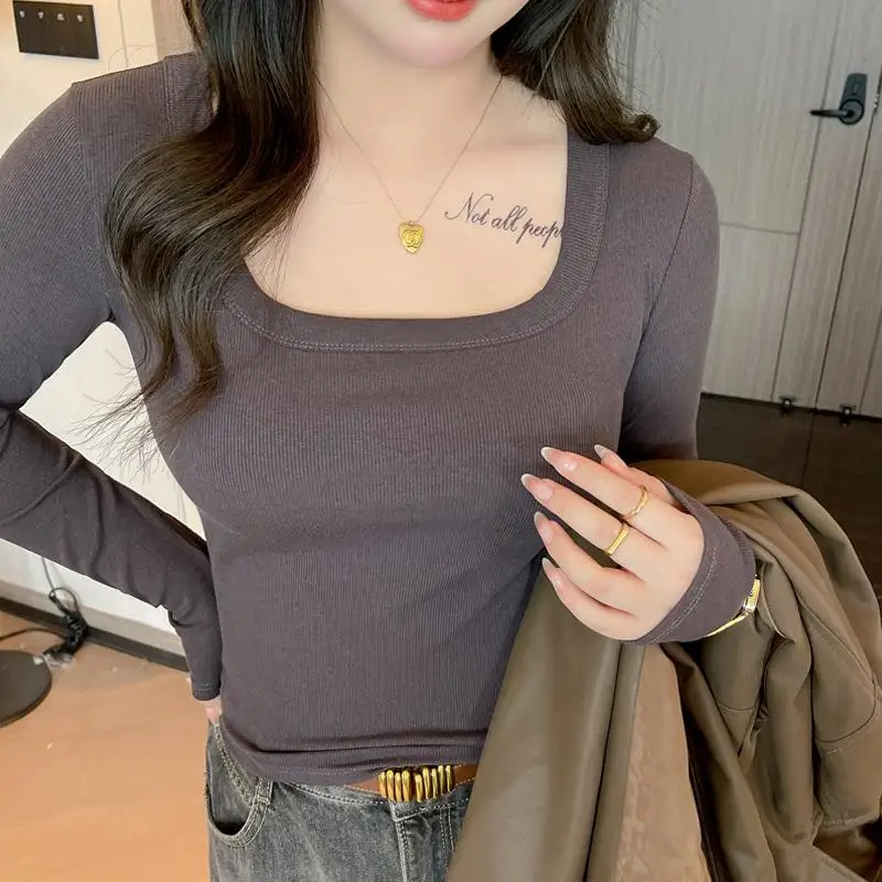 T-shirt da donna grande quadrata Ne Long Sve Base irt comoda ed elastica da pendolarismo Sle Pure Color Faion Top da donna