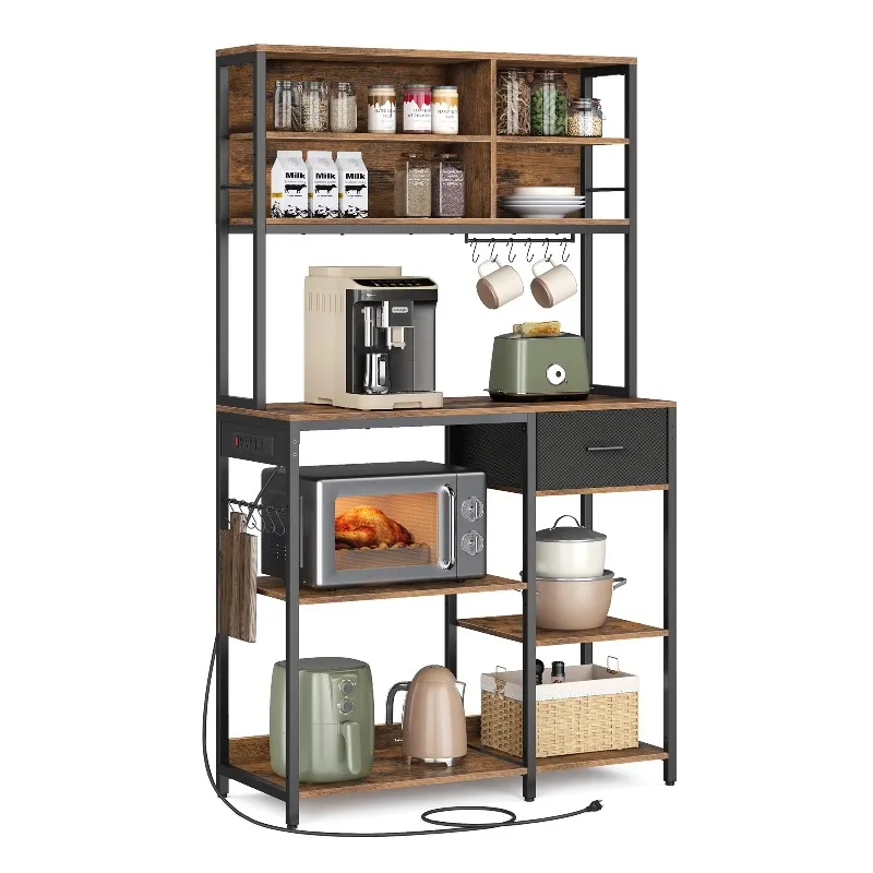 12 hooks coffee bar holder, with adjustable storage rack, bread rack with drawers