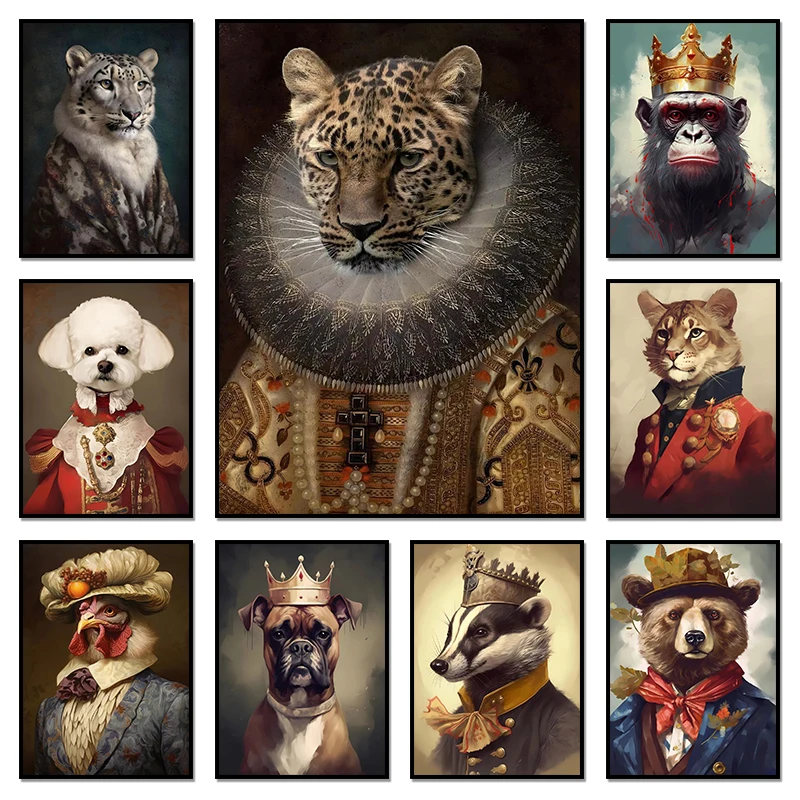 Renaissance European Aristocrat Fox Chicken Deer Monkey Bear Peacock Poster Print Canvas Painting Wall Art Picture Home Decor