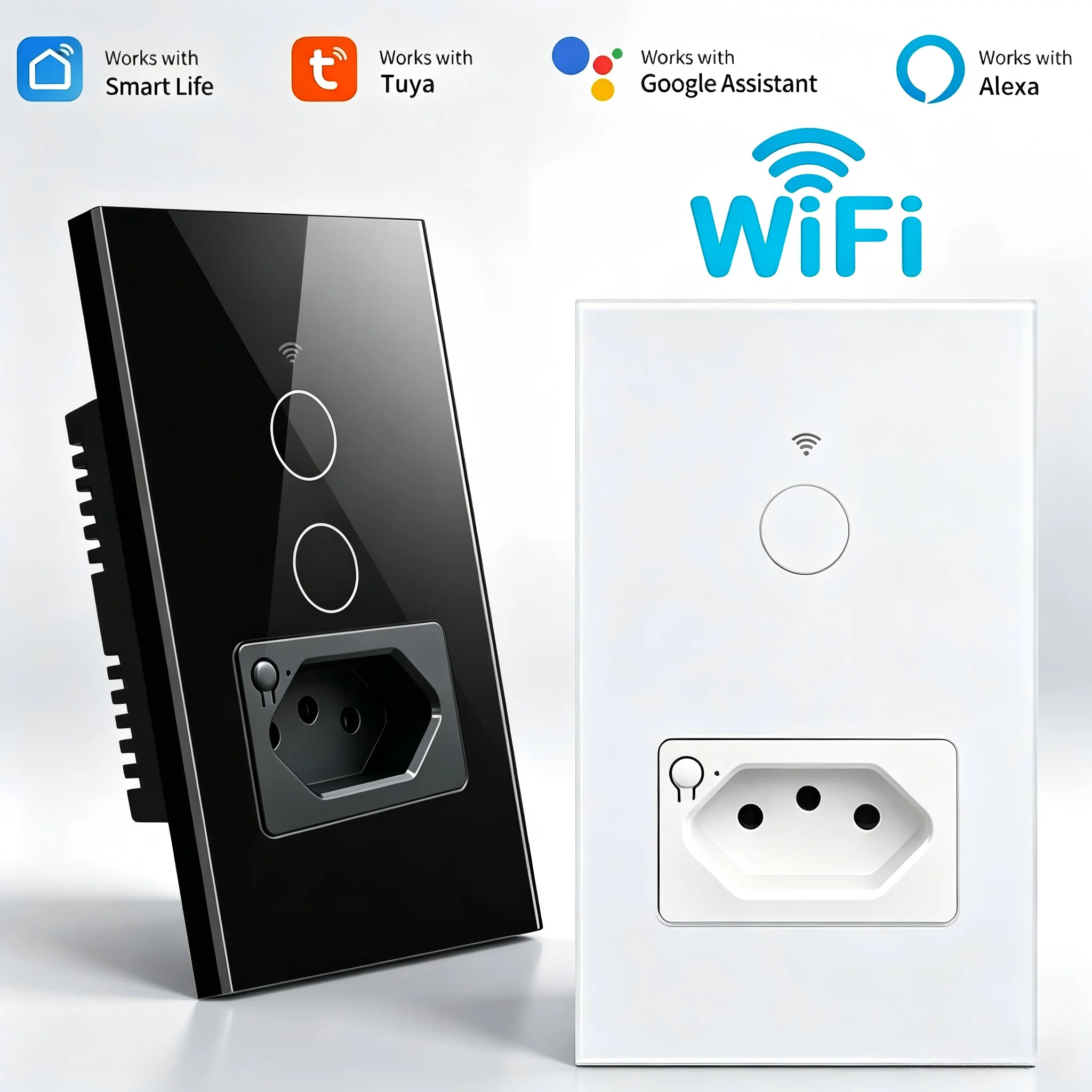 Brazil Standard WiFi Smart Wall Switch, 1/2 Gang Glass Panel, Tuya Smart Life, Voice Control Alexa Google Home