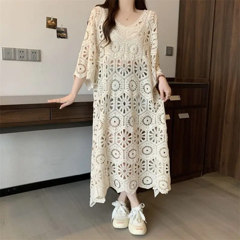 Knitwear Cape/Top/Outfit Korean Clothing 2025 Summer Women Long Knitted Dress Sleeve Basic Lace Dresses Casual Loose Boho Beach