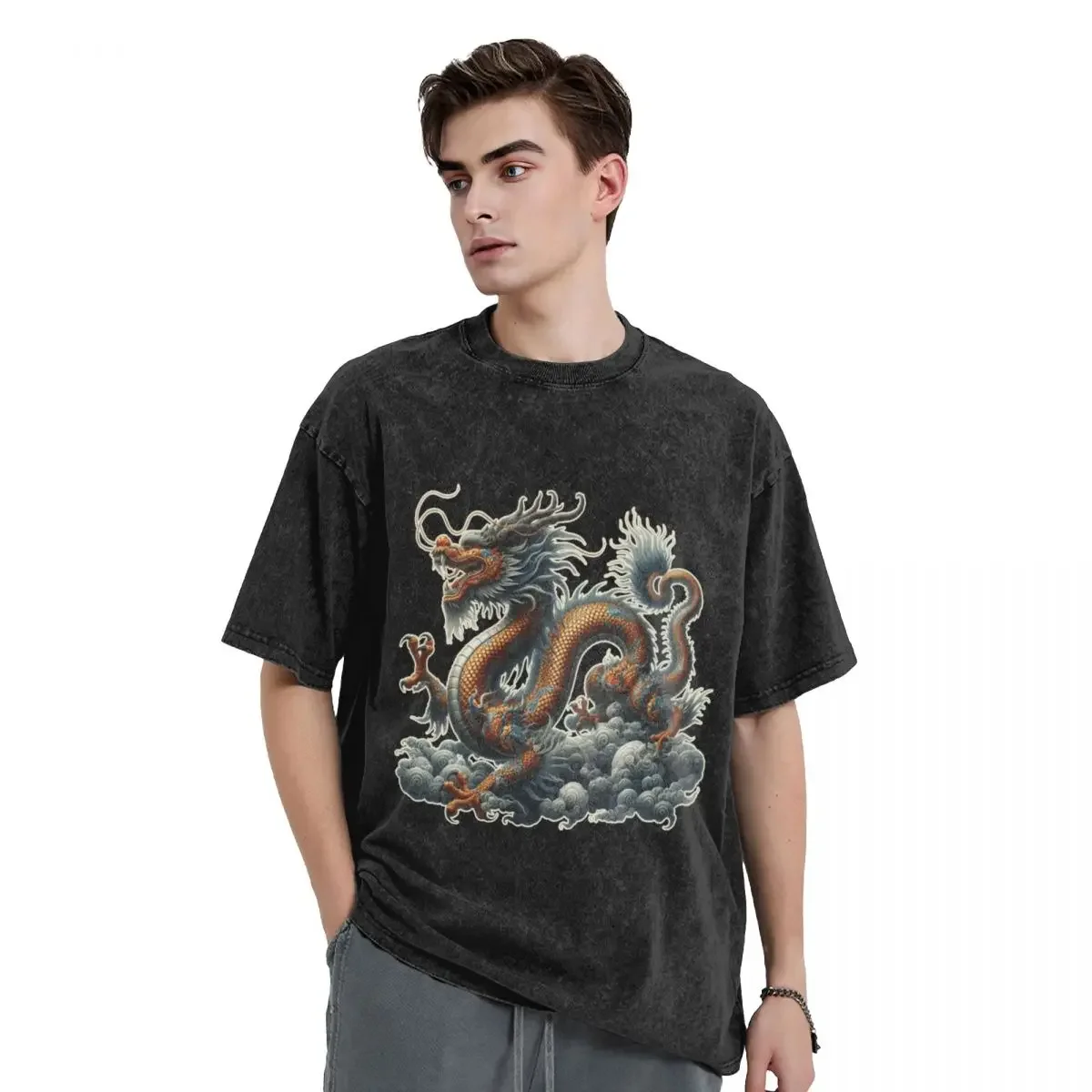 Chinese Loong Dragon woman Men Washed Hot stamping Print T-Shirt,Harajuku Cotton Tshirt Men's Summer Short Sleeve Tees