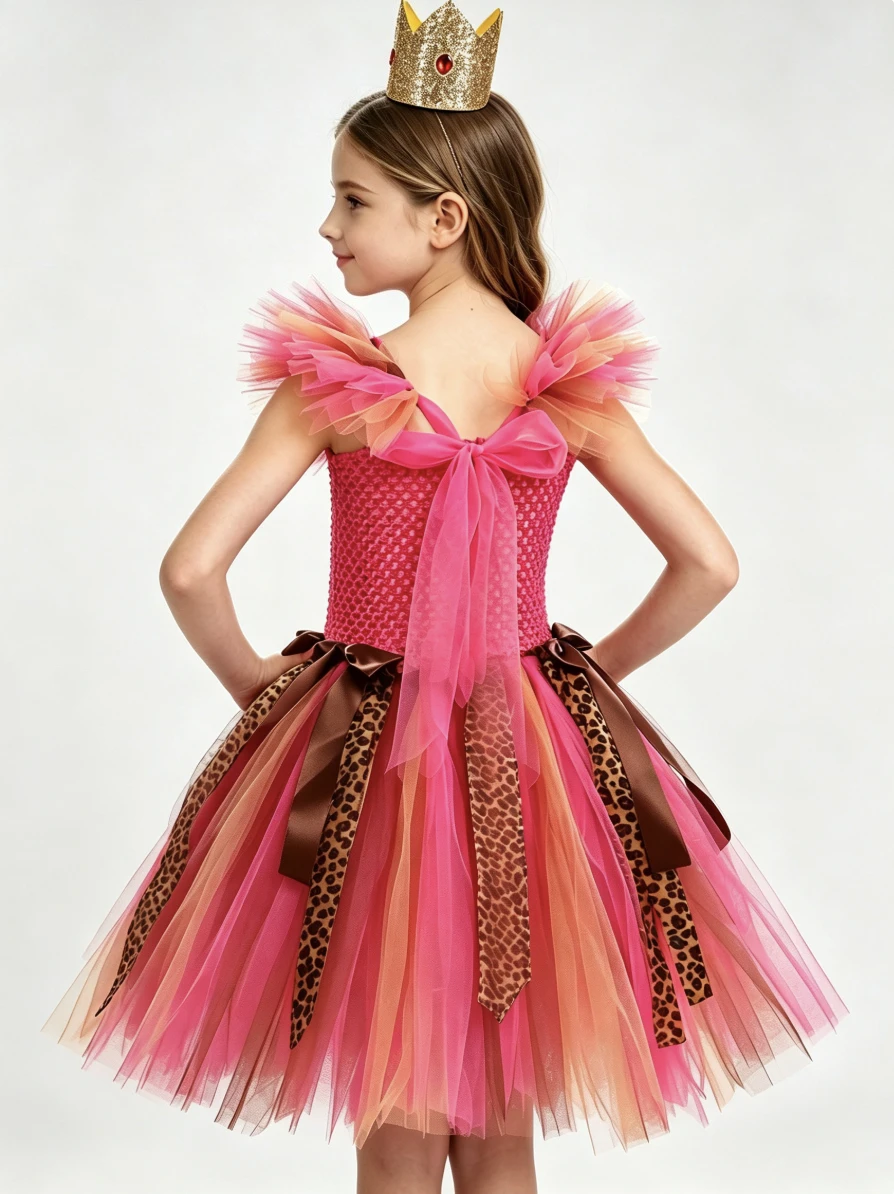 Children Leopard Style Sequin Heart Printed Mesh Tutu Dress Jungle Wild Animal Theme Princess Skirt Halloween Party Dress Up Set