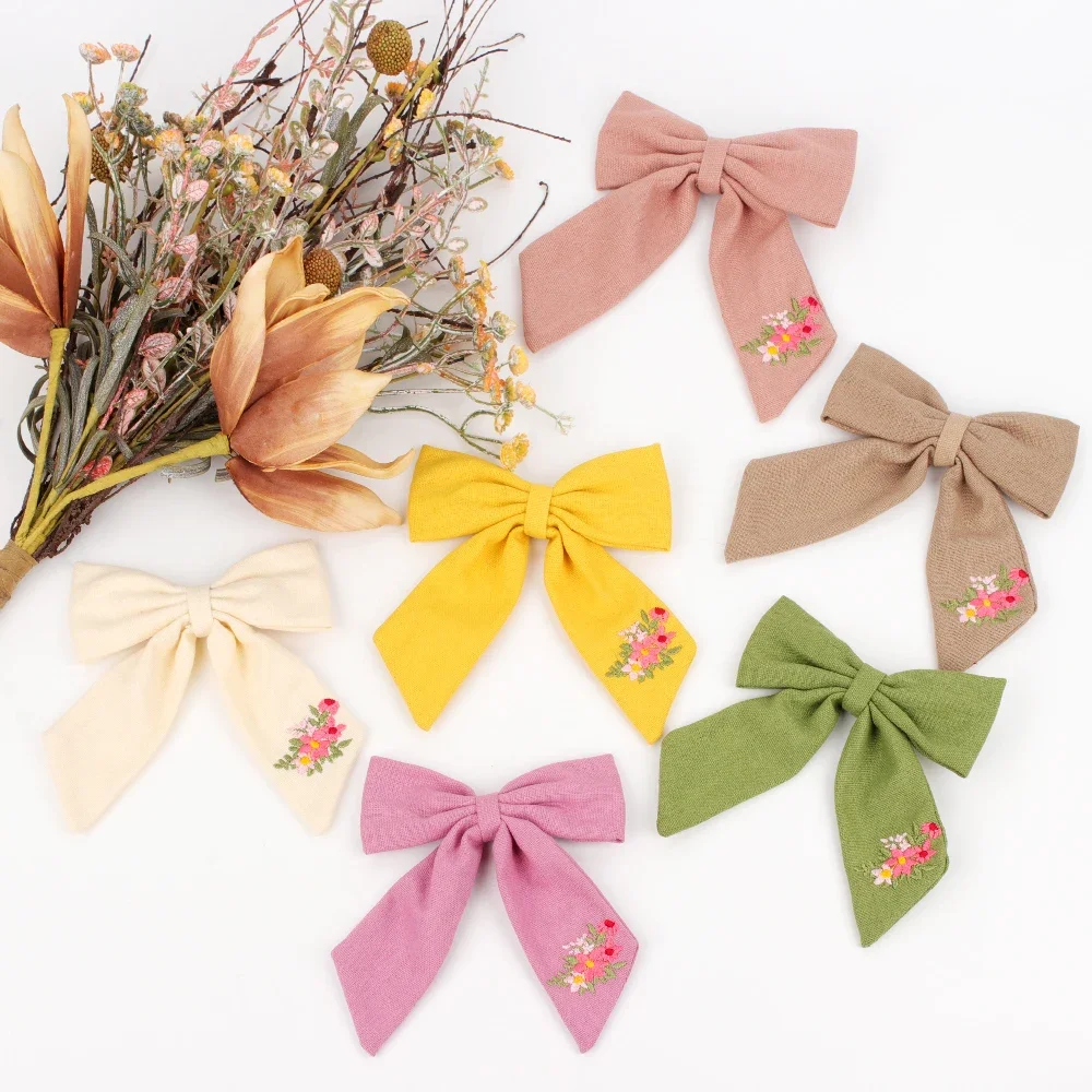 Embroidery Hair Bows Cotton Linen Barrette Baby Girls Big Bowknote Hairclip Children Cute Infant Spring Summer Hair Accessories