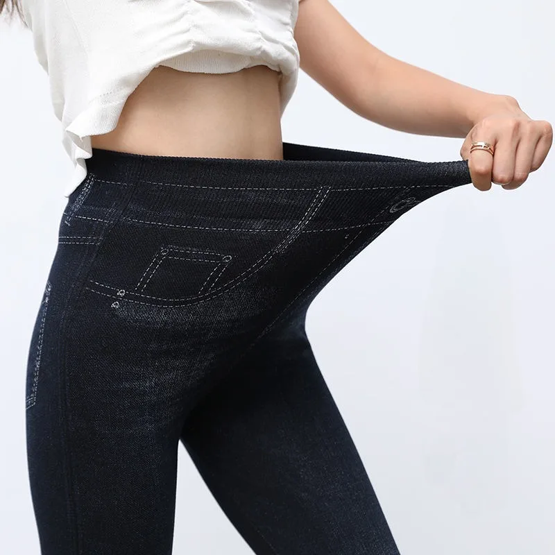 2023 Spring Autumn New Thin Casual Large Size Imitation Denim Leggings Women Plus Velvet Wear High Waist Pencil Long Trousers