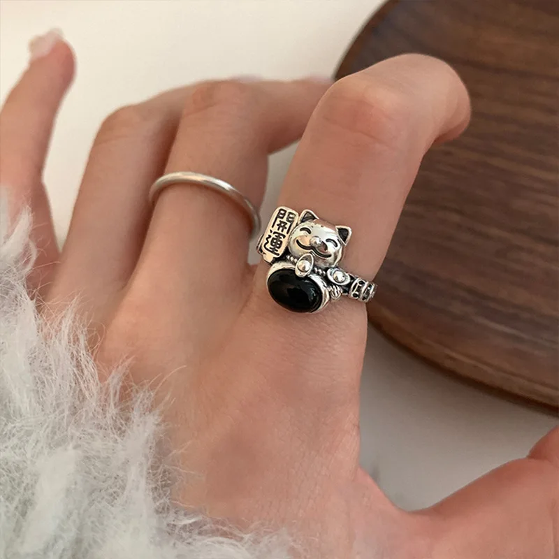 New 925 Sterling Silver Ring For Women Girl Korean Version of Black Zircon Fortune Cat Design Trend Jewelry Gift Dropshipping