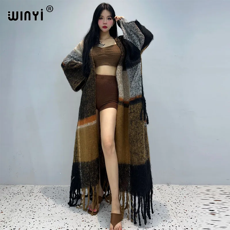 WINYI winter coat for women Retro style print tassels Luxury Long Fur Loose OverCoat Thick Warm long down coat fashion cardigan