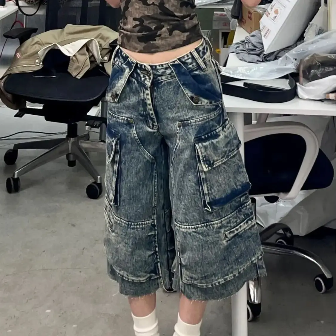 

American Denim Mid-Pants Retro Large Size Washed Pocket Overalls Cropped Pants Women Street Straight Loose Slimming Wide Legs