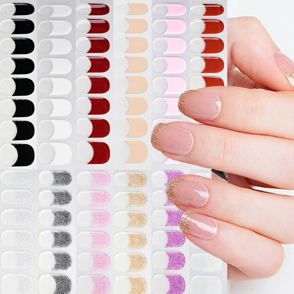 16Tips French UV Semi-Cured Nail Art Stickers 6colors Full Cover Gel Nail Decal LongLasting For UV Lamp Adhesive Manicure Patch