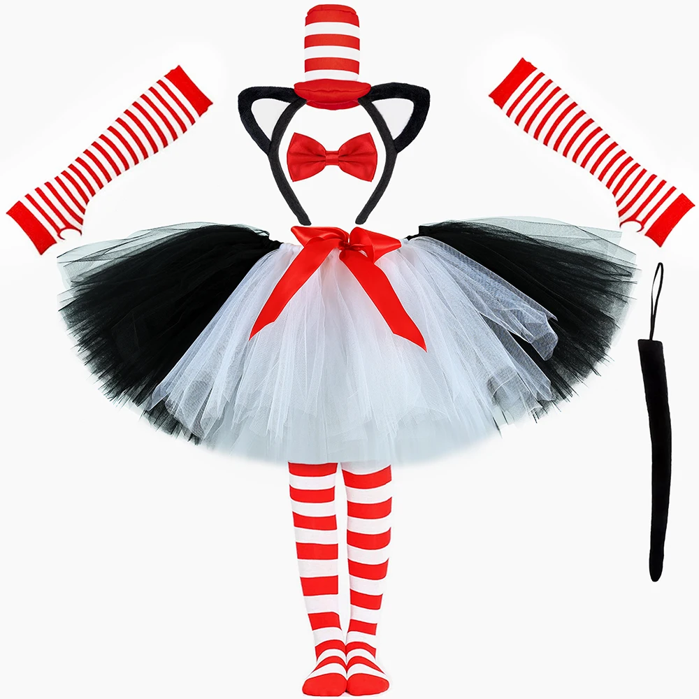 Girls Black Cat Tutu Skirt Dr. Seuss Cat in The Hat Costume Girl Fluffy Tulle Skirts Kids Halloween Carnival Party Tutus Clothes