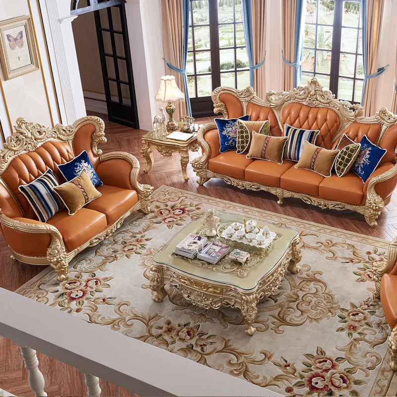 Luxury European Style Solid Wood and Genuine Leather Living Room Furniture Sofa Set 1234 for Large Villa House Paint and Carving