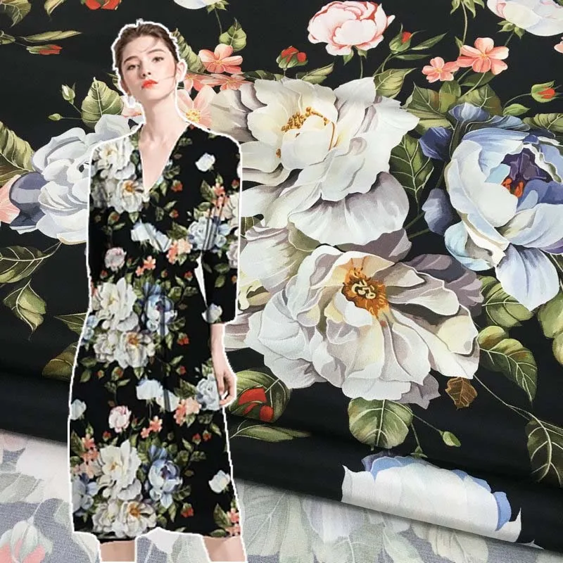 30 Mommy Silk Stretch Heavy Crepe Fabric Brand Black Bottom Peony Print Mulberry Silk Dress Fabric Clothing High Quality Meter