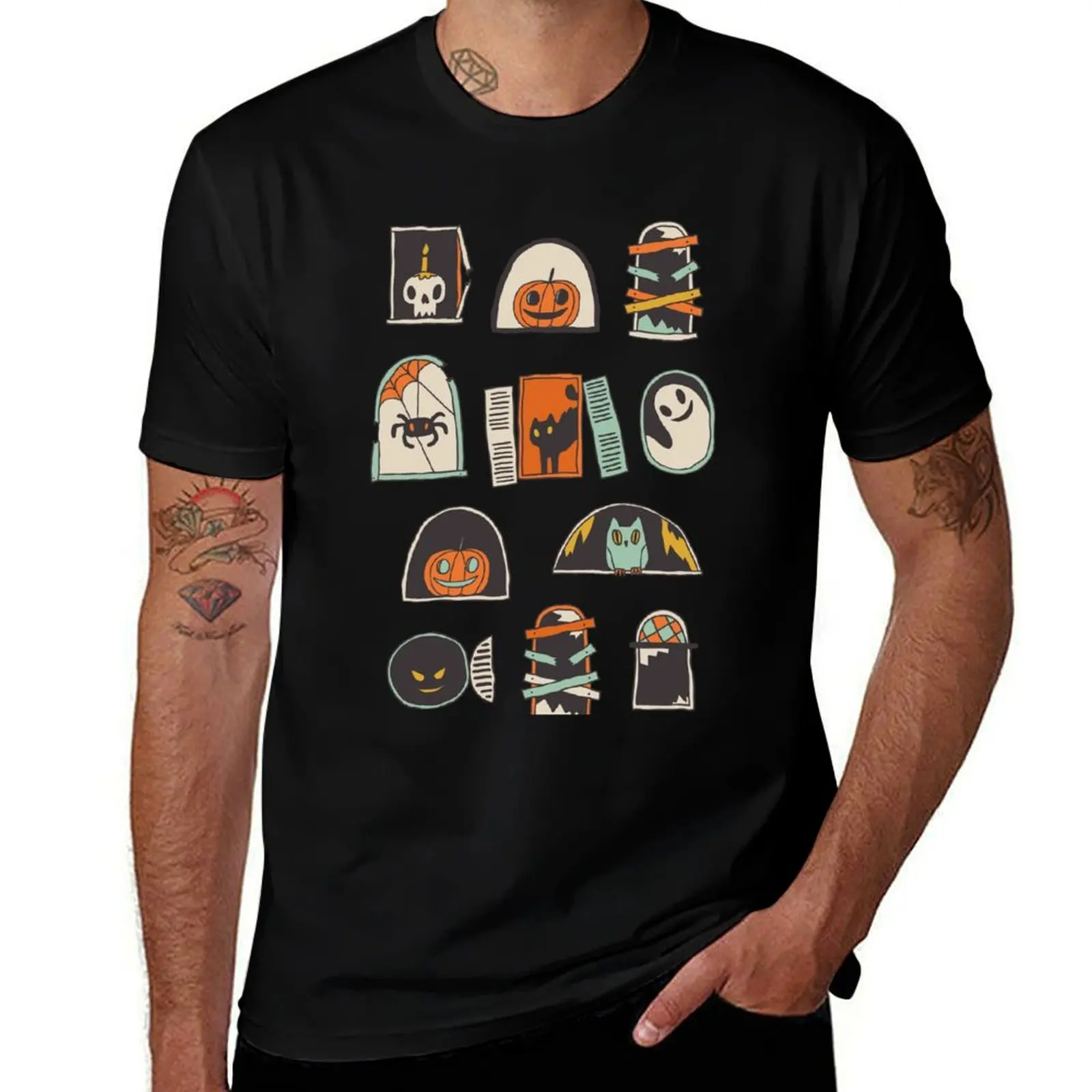 Halloween windows with ghost, black cat, spider, pumpkin T-Shirt Festival Party Tee Top T-Shirt