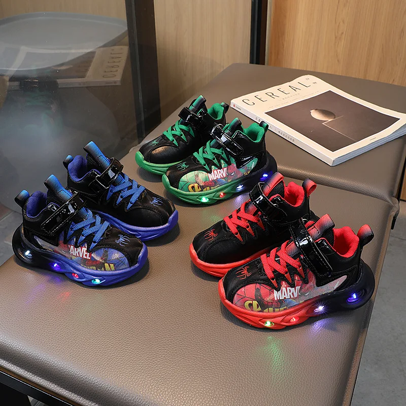 

Детская обувь со светодиодной подсветкой Disney, модные кроссовки Aoger Spiderman для мальчиков, повседневная обувь из мультфильма для девочек, дышащая детская спортивная обувь