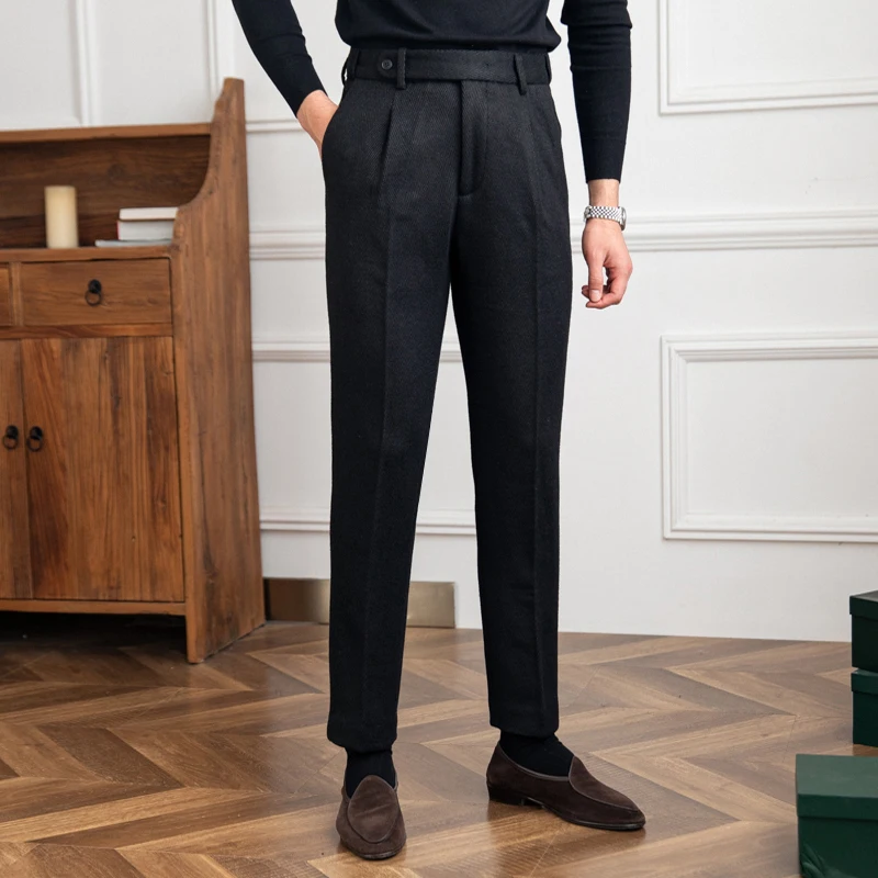 Mr. Deer Three British Men's Winter Thickened Black Warm Pants with Herringbone Pattern All-match Vintage Casual Wool Pants