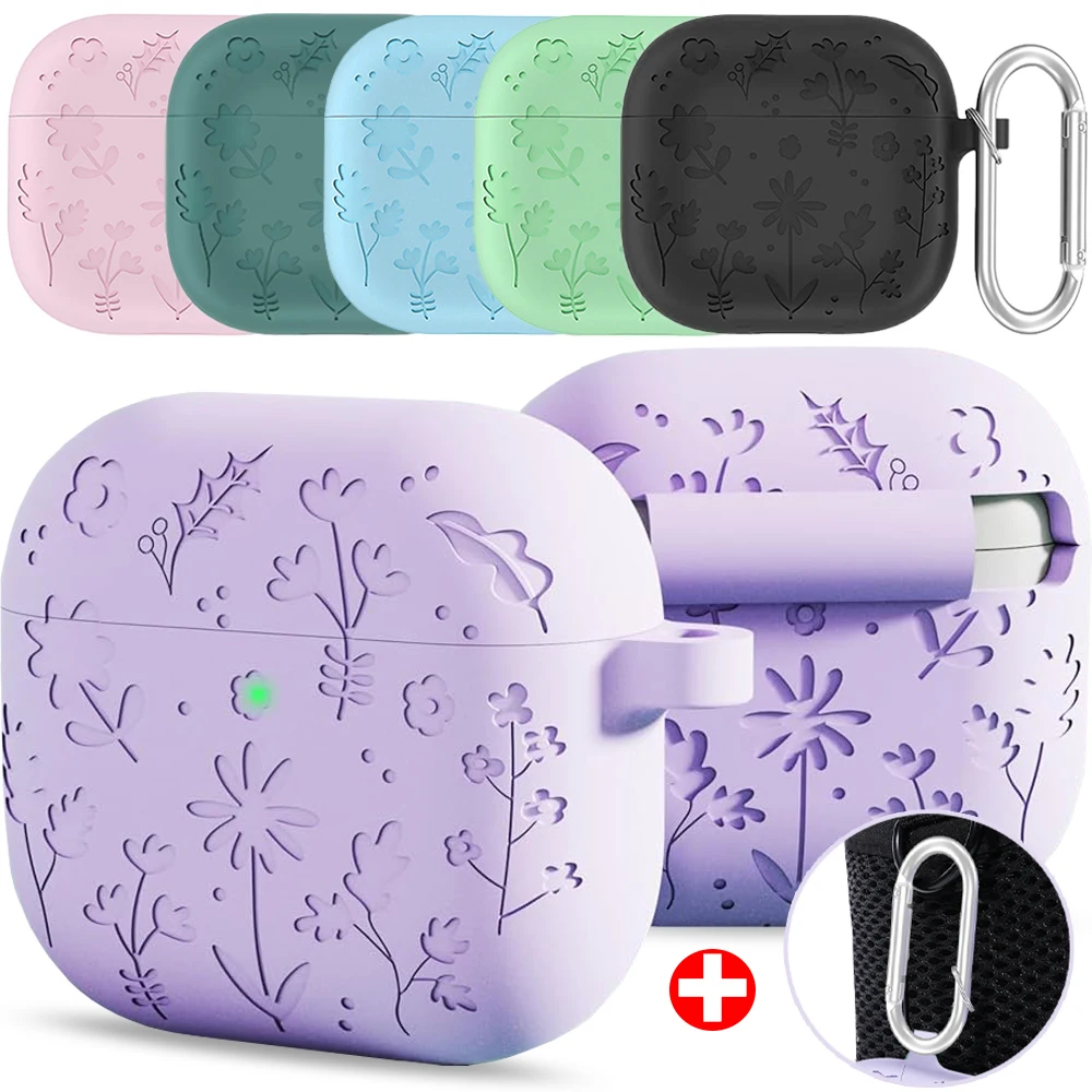 Soft Silicone Storage Case for Apple AirPods 4 Flora Engraved Earphone Protective Sleeve with Keychain for AirPods 4 Protectors