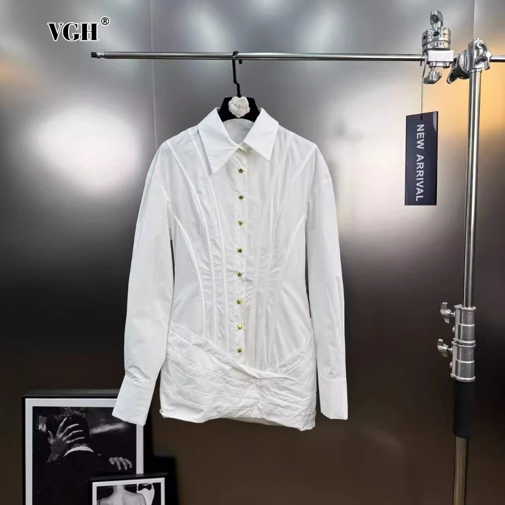 

VGH Spring High Streer Mini Shirt Dress for Women Lapel Long Sleeve Patchwork Single Breasted Tunic Dresses Female Clothing New