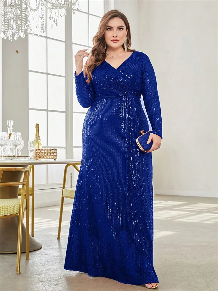 

Plus Size Luxury Floor Length V-Neck Evening Dresses Women Elegant Party Maxi Dress Sequin Long Sleeves Prom Cocktail Gowns