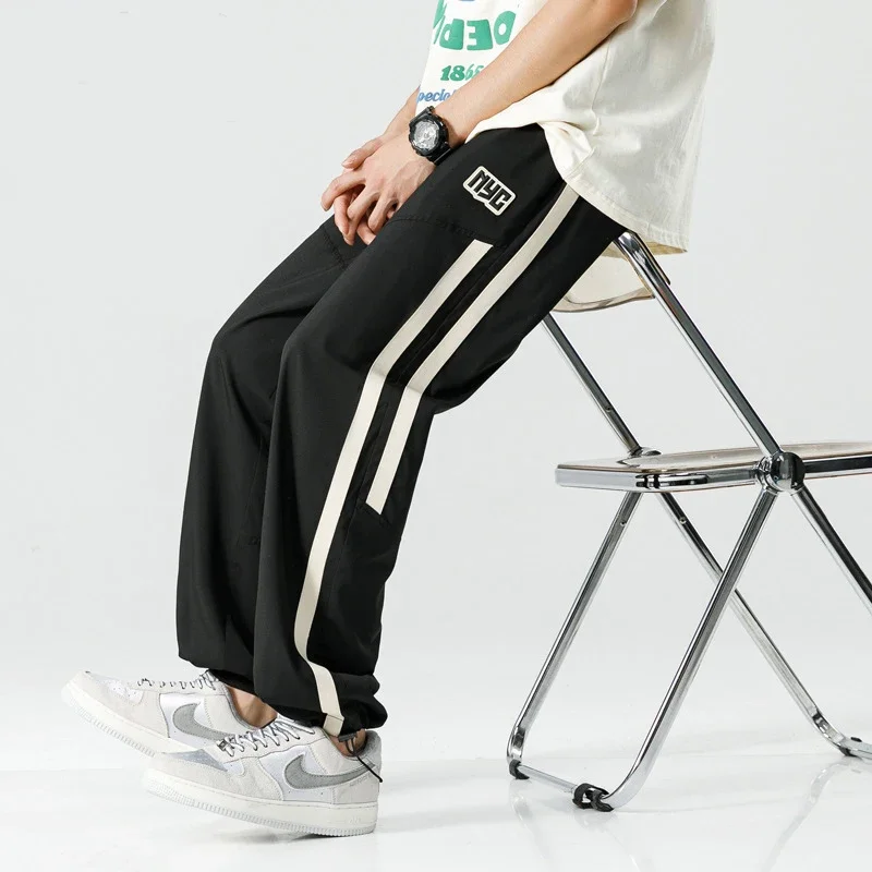 Men Pants Elastic Waist Anti-wrinkle Draping Trousers Summer Loose Striped Long Sweatpants Male Luxury Clothing Streetwear