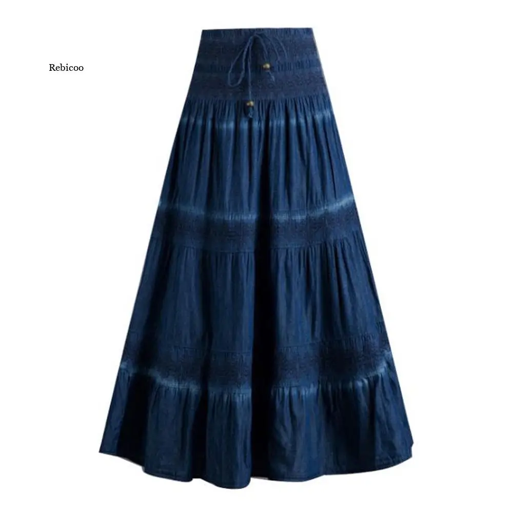 

Women's Denim Maxi Skirt Elastic High Waist Party Solid Casual Jeans Skirts 2022 Long Summer Skirt Pleated Jupes Femininas
