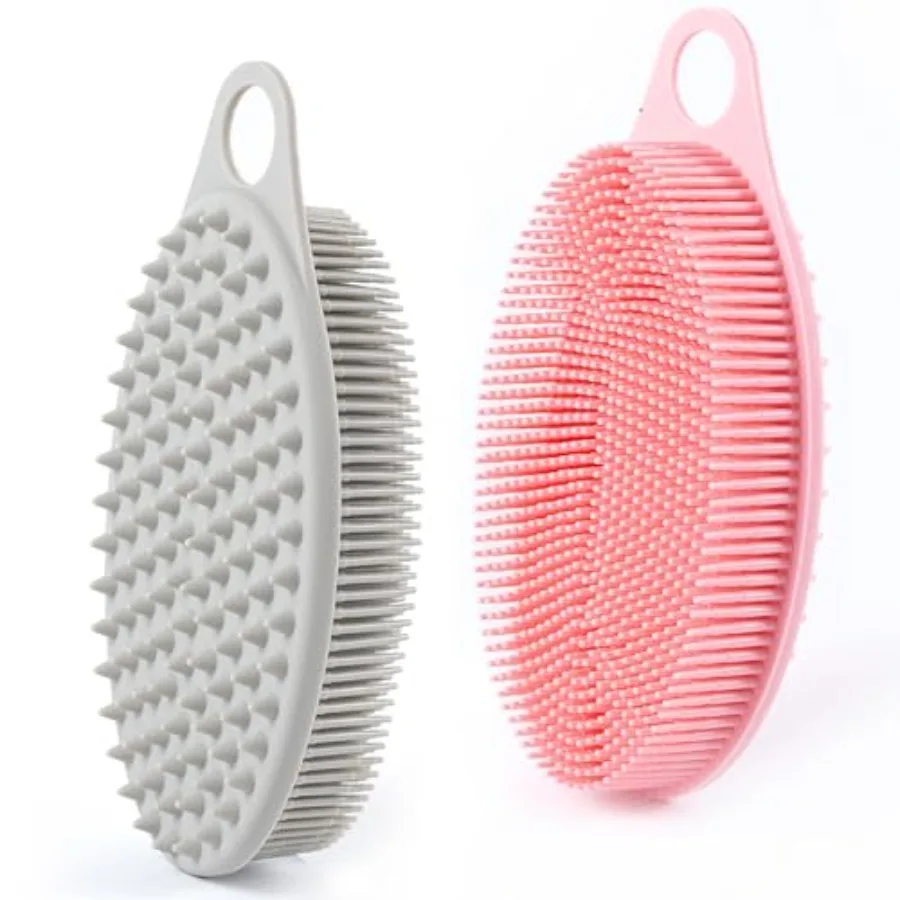 2 Pack Silicone Exfoliating Body Scrubber, Soft Silicone Loofah for Sensitive Skin, 2-in-1 Body Brush and Shower Head Massager,