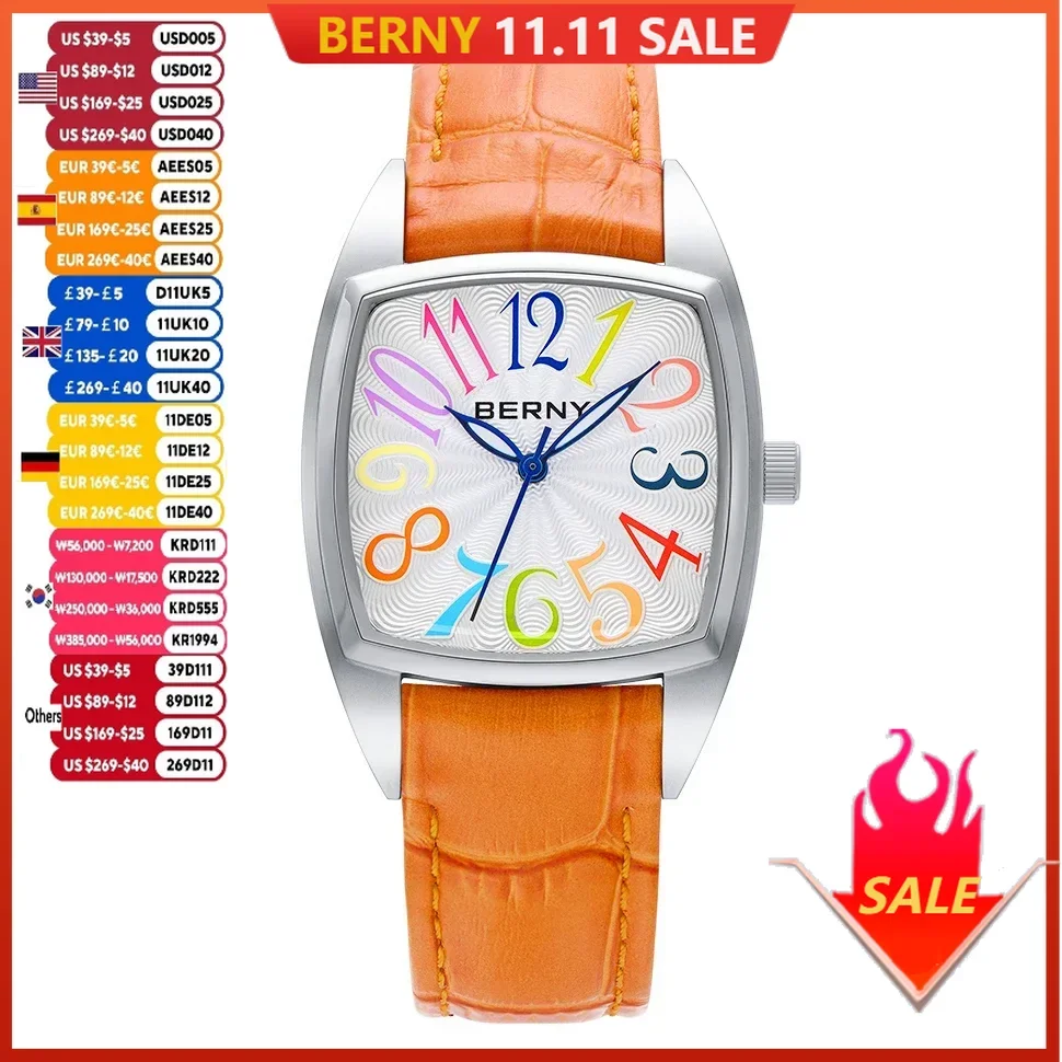 BERNY Women's Watches Elegant Casual S/S Leather Strap Square Quartz Woman Watch Ladies Colorful Numeral Easy Read Wristwatch