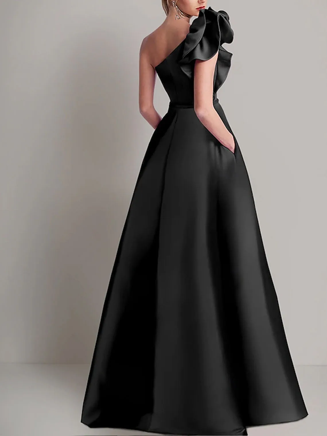 فستان أنيق للحفلات الراقصة من الساتان على شكل حرف a بكتف واحد طول الأرض بدون أكمام بلون سادة ثوب مسائي رسمي 2025 مخصص مجاني