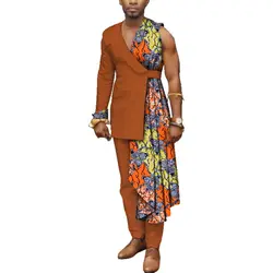 Men Bazin Riche Patchwork One-Shoulder Top and Pants Cotton 2 Pieces Pants Sets Special Custom Mens African Clothing WYN497