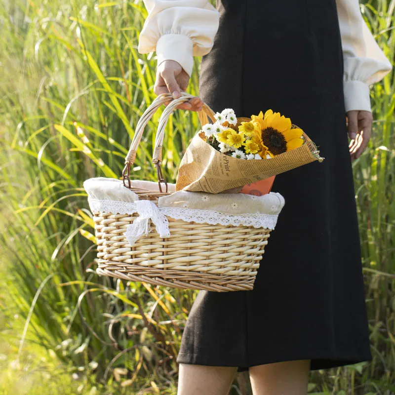 

D5 Party Rattan Picnic Basket Storage Basket Willow Woven Fruit Basket Picnic Basket Photography Basket Pastoral Handle Basket