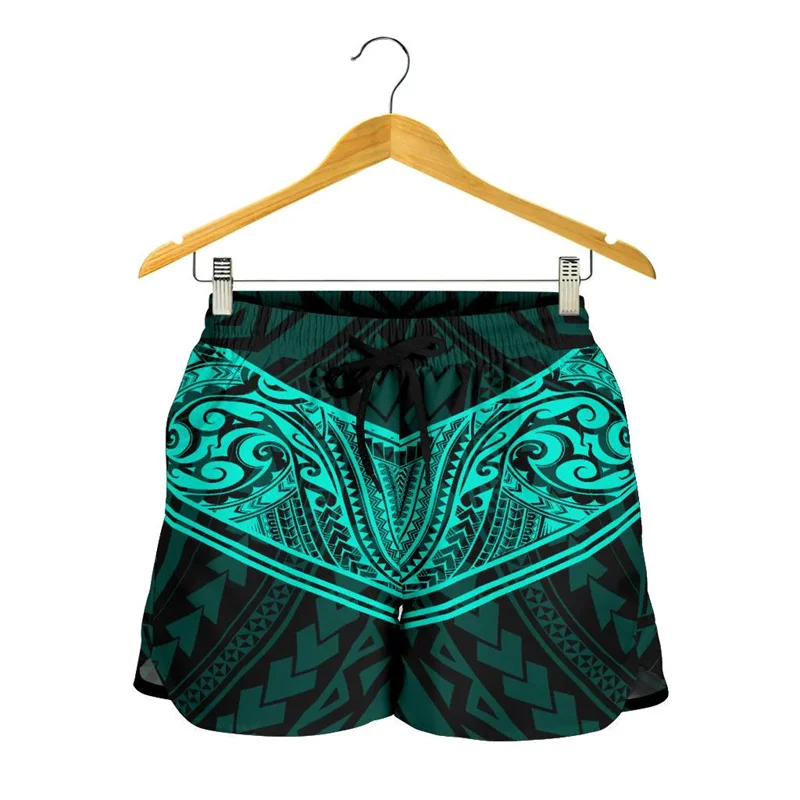 Women's Shorts Turquoise Polynesian Tribal Hawaii Beach Shorts Girls Multicolor Swim Gym Ice Shorts Board Short Pant Trunks