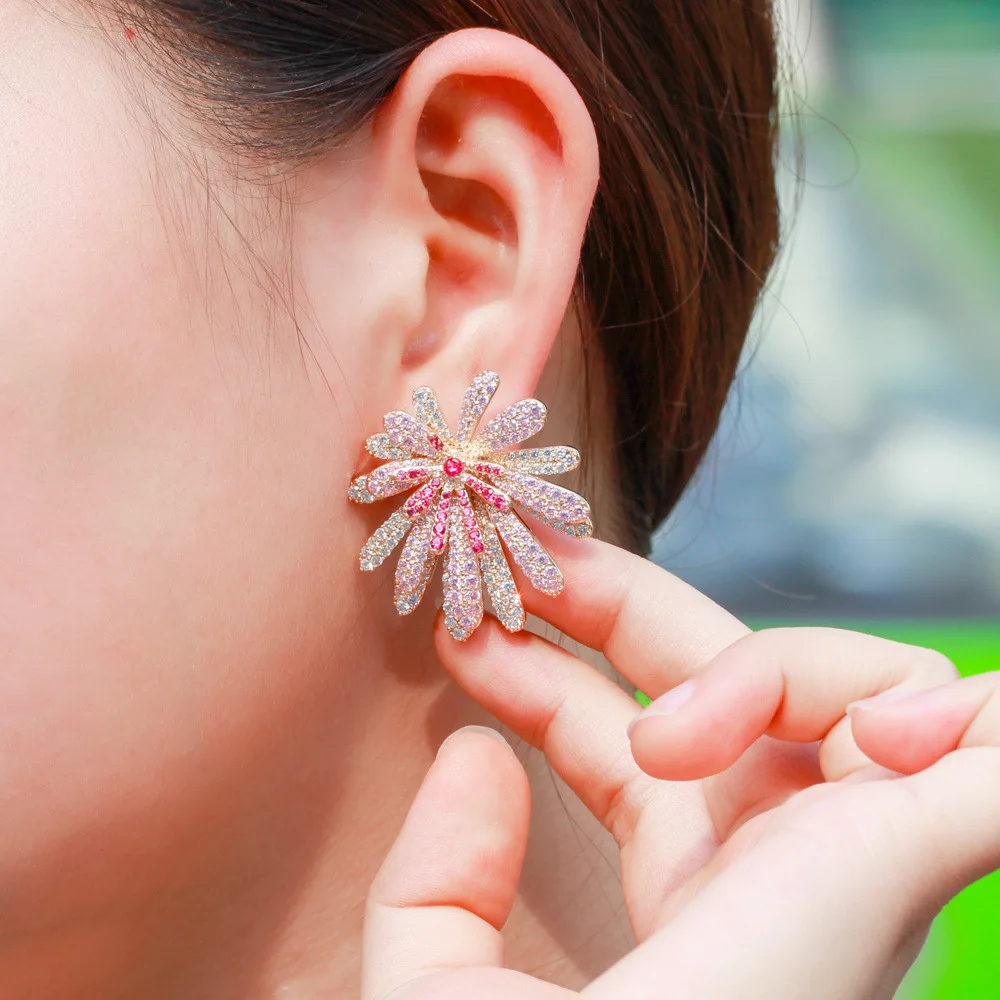 Copper Floral Brooch - Pink Zircon Cluster Hollow Metal Petal Black Background