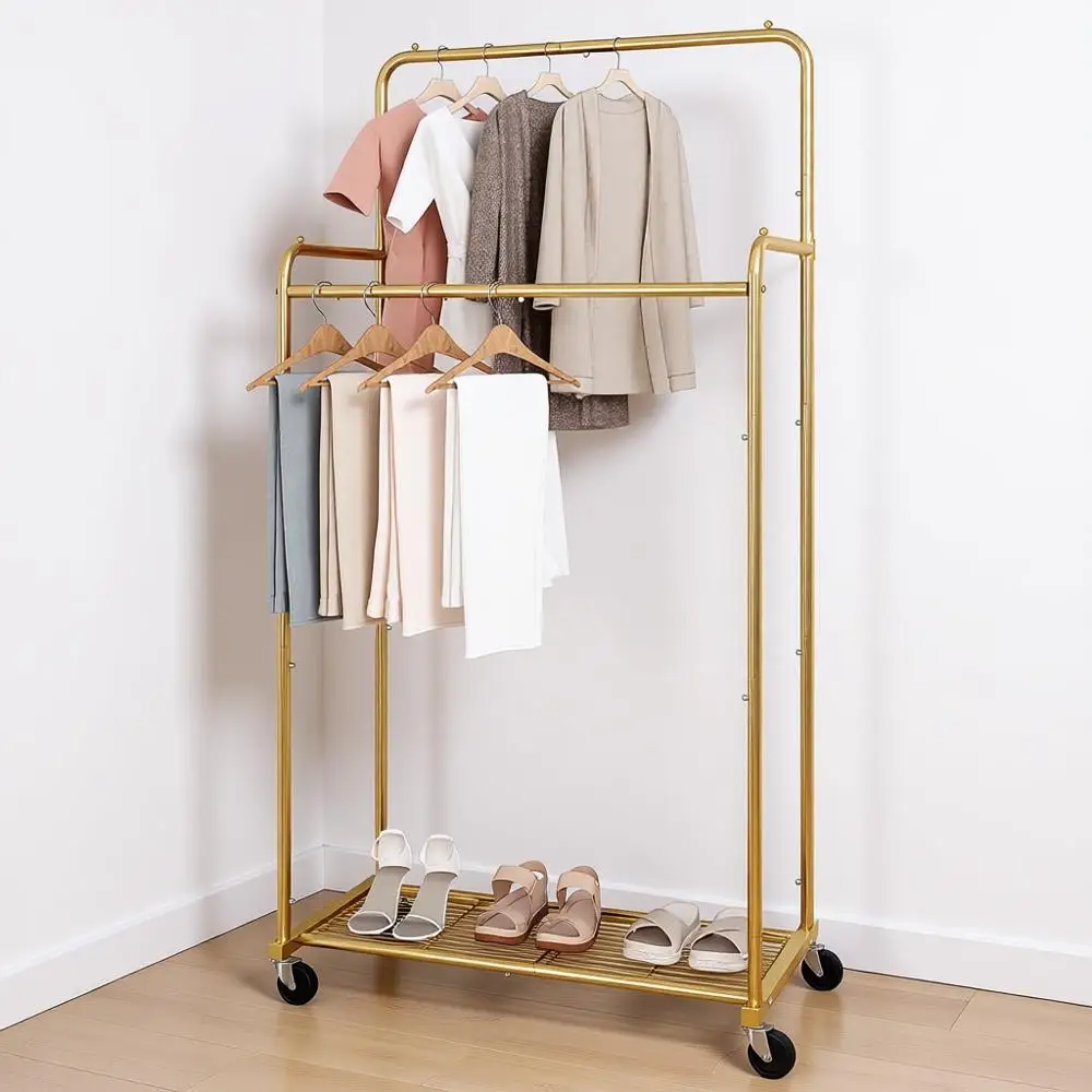 

Double Rod Clothes Garment Rack, Heavy Duty Rolling Rack on Wheels, Hanging Clothes, 4 Hooks, Gold