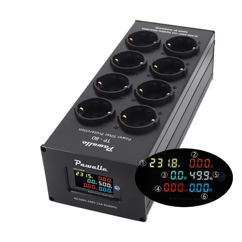 TP80 3000W AC Power Distributor European Standard Power Filter 8-bit EU Power Purifier Socket With Display Function